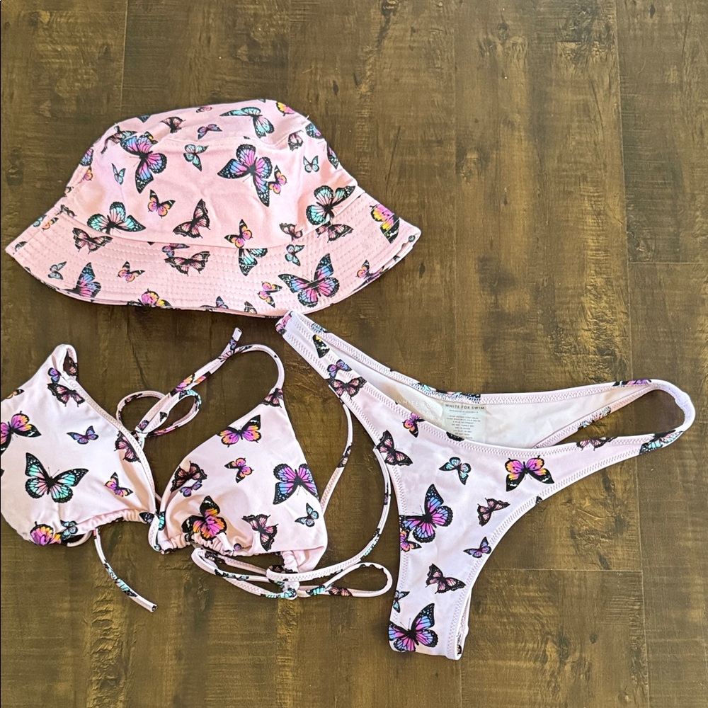 Pink Butterfly Bikini Set with Bucket Hat